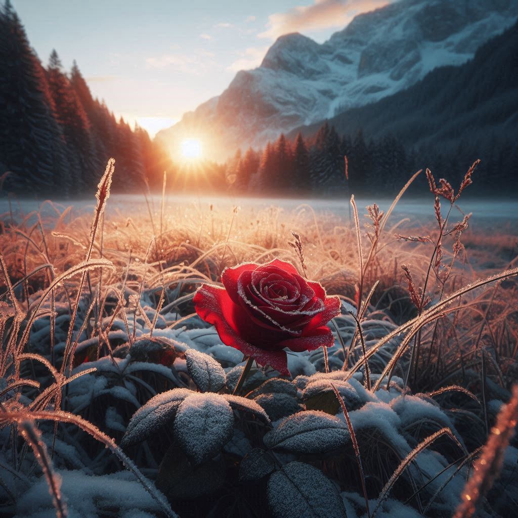 ButterPecanP1e's tweet photo. #AIArt #GeneratedAIArt #Roses #Scenery #Snow 
#Winter #WinterMorning https://t.co/3KNwYGyIsd