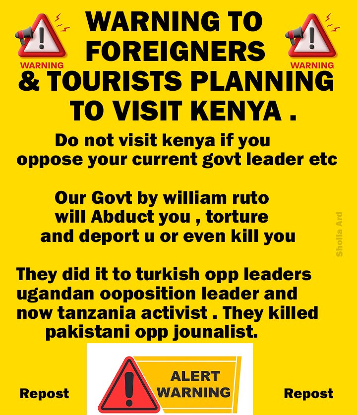 If you are planning to visit Kenya and you are a critic of your current govt, please cancel your Trip 

President William ruto govt goons will abduct or even kill you 

Spread this message ⚡ ☁️ ⚡ 

It's not safe in Kenya 

Free Maria Sarungi 

#FreeMariaSarungi #FufuaICC