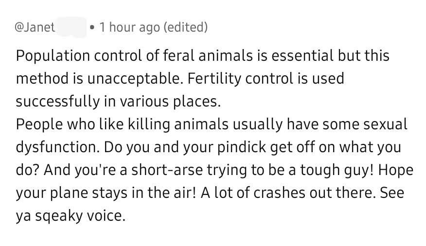 Ah, fertility control—you mean catching every feral mouse and fitting it with a tiny condom? Or maybe this person just got distracted mid-condom fitting on the donkey and decided to ride it instead. Either way, solid effort Janet! Thanks for the laugh. 🚜🐾 #FeralLogic