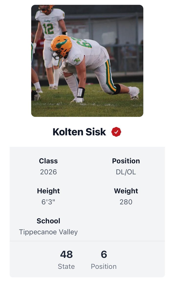 Kolten Sisk (@kolten_sisk23) on Twitter photo Thank you <a href="/PrepRedzoneIN/">Prep Redzone Indiana</a> for the ranking, #6 DL in the class of 2026 in Indiana <a href="/PrepRedzoneIN/">Prep Redzone Indiana</a> <a href="/TippecanoeF/">Tippecanoe Valley Football</a> <a href="/SteveMoria58736/">Steve Moriarty</a> <a href="/TV_VIKINGSTRONG/">VIKING STRONG</a> Thank you <a href="/PrepRedzoneIN/">Prep Redzone Indiana</a> for the ranking, #6 DL in the class of 2026 in Indiana <a href="/PrepRedzoneIN/">Prep Redzone Indiana</a> <a href="/TippecanoeF/">Tippecanoe Valley Football</a> <a href="/SteveMoria58736/">Steve Moriarty</a> <a href="/TV_VIKINGSTRONG/">VIKING STRONG</a>