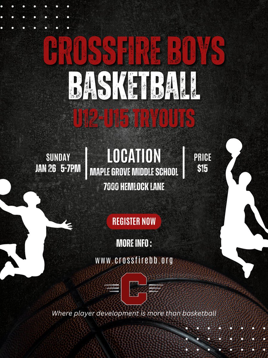 The Crossfire Boys Basketball program has roster openings for our U12, U13, U14, and U15 AAU teams. Players must register to participate, and the registration fee is $15. You can register on our website at crossfirebb.org.

We look forward to seeing you there!
