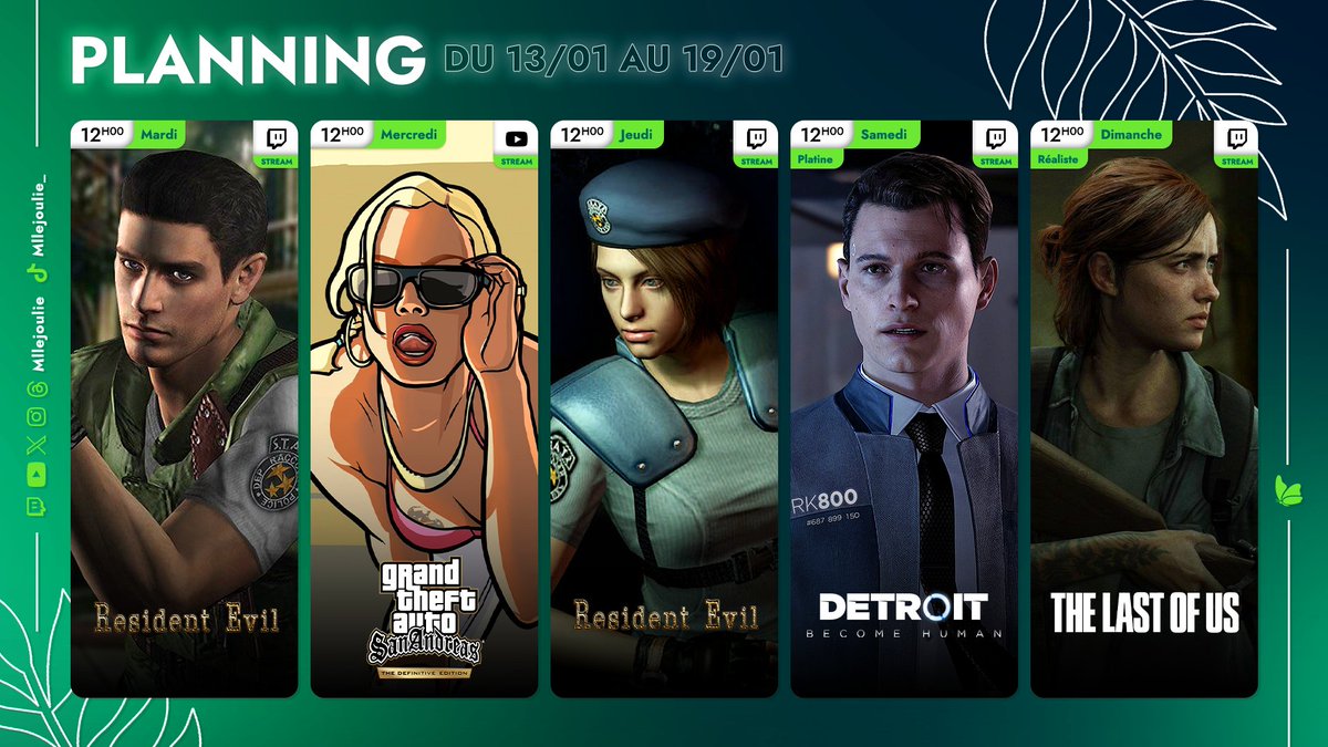 Planning du 13/01 au 16/01 📆

🔹Découverte de #ResidentEvil 
🔹Fin de #GTASanAndreas sur #YouTube
🔹Platine #DetroitBecomeHuman
🔹Réaliste de #TheLastofUsPartII 

➡️twitch.tv/mllejoulie
➡️youtube.com/@mllejoulie