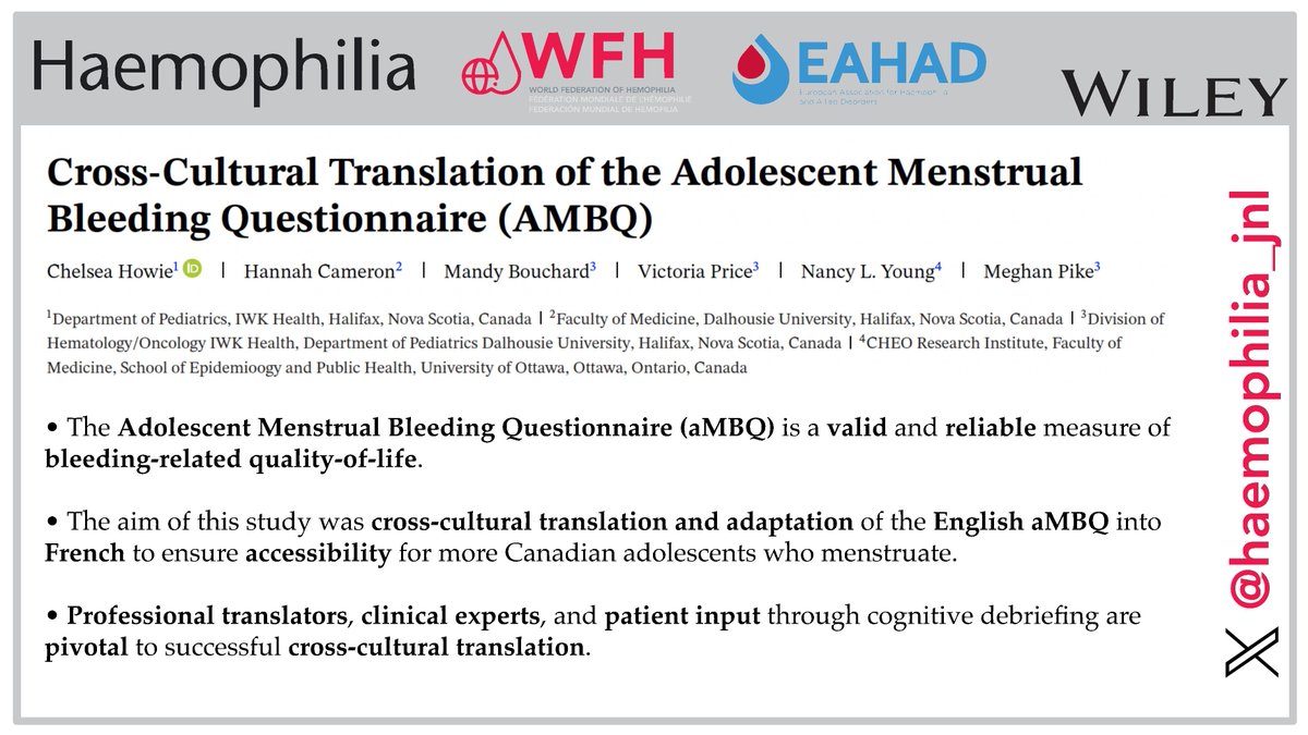 To improve accessibility of heavy #menstrual #bleeding diagnosis, Howie et al. adapted the adolescent menstrual bleeding questionnaire (aMBQ) for French-speaking Canadian teens. A rigorous 5-step process confirmed the French aMBQ’s validity 👉buff.ly/40en97l #OpenAccess🟢