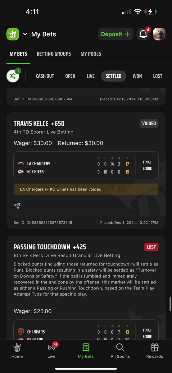 thedoosie's tweet photo. @DKSportsbook  is a bunch of scammers.

There was no additional touchdown and they didn’t mark it as a push as in the past. 
It is not in their house rules online or anything about a loss of no touchdown is scored

Deleted my account and will never use them again. Scammers https://t.co/wjoSXOD1pf