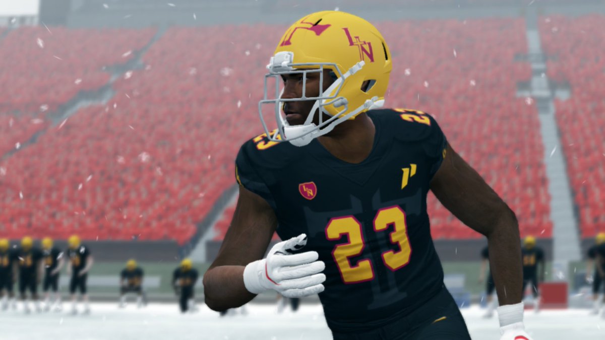 MOHSFBMod's tweet photo. With the snow blowing in this weekend, we finished up the @lncrusaders' looks; including the first time we've ever made a @1stPhorm jersey set! Peep the cinematic pics with this snow 😍❄️🥶 As always, thanks to @HelmetMissouri  toughest one yet with that cross logo! #MOHSFBMod https://t.co/xHmEvYSQLA