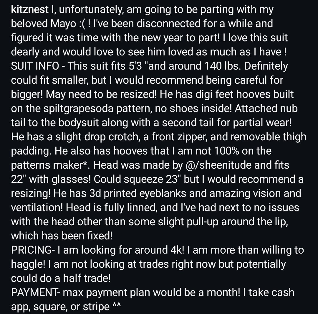 KitzNest's tweet photo. Mayo is up for sale right now!! My dms are open! Reshares also super appreciated #fursuitforsale #fursuitsale #fursuitfortradw https://t.co/nXUnzrIXo0