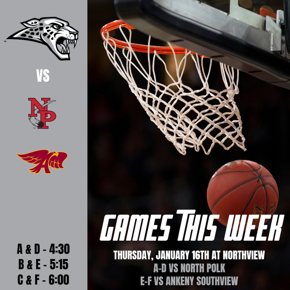Upcoming games for the week of January 13th-17th. #GoJags 🏀 
<a href="/AnkenyNorthview/">Ankeny Northview</a>