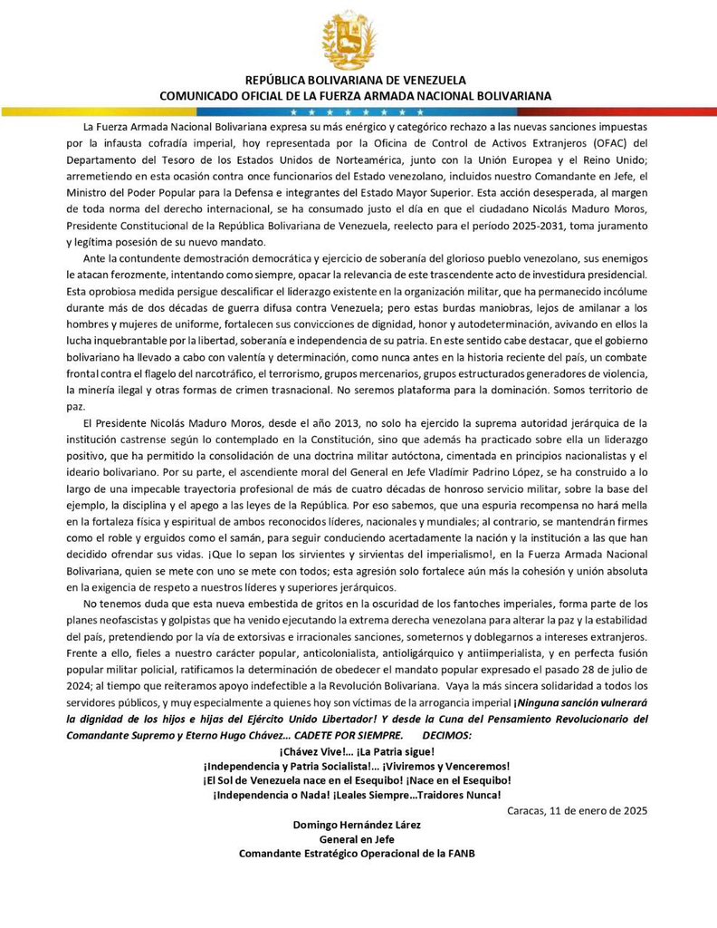 CEOFANBVE's tweet photo. 🔁 RT || GJ. @dhernandezlarez: Comunicado oficial de la Fuerza Armada Nacional Bolivariana en rechazo a las nuevas sanciones impuestas por la infausta cofradía imperial, quien ataca ferozmente al glorioso pueblo venezolano ante el ejercicio de nuestra soberanía. Estas burdas maniobras no hacen más que fortalecer nuestras convicciones de dignidad, honor y autodeterminación. La FANB declara absoluta lealtad y subordinación al Comandante en Jefe de la FANB y Presidente @NicolasMaduro como a nuestro Ministro del Poder Popular para la Defensa General en Jefe Vladimir Padrino López y al proceso Bolivariano Revolucionario, escogido como sistema de gobierno por el pueblo soberano. ¡Venezuela es territorio de Paz, de derecho y de Justicia!

#IntegrarEsVencer