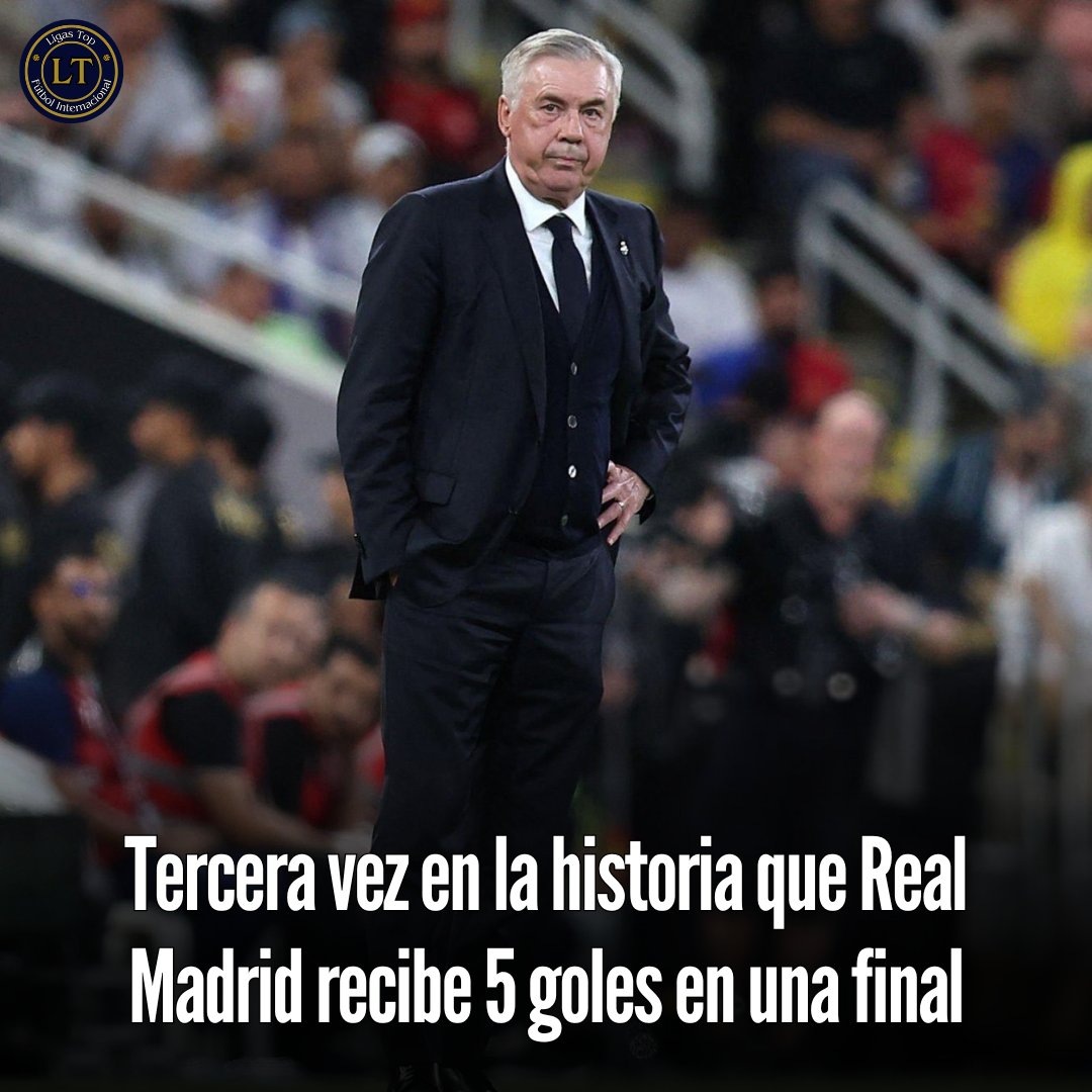 🇪🇸⚪️Es la TERCERA VEZ EN LA HISTORIA que Real Madrid recibe 5 goles en una final. Doloroso golpe para el equipo de Carlo Ancelotti:

❌Benfica 5-3 Real Madrid por Copa de Europa (1962)
❌Sevilla 5-3 Real Madrid por Supercopa de España (2007)
❌Barcelona 5-2 Real Madrid por