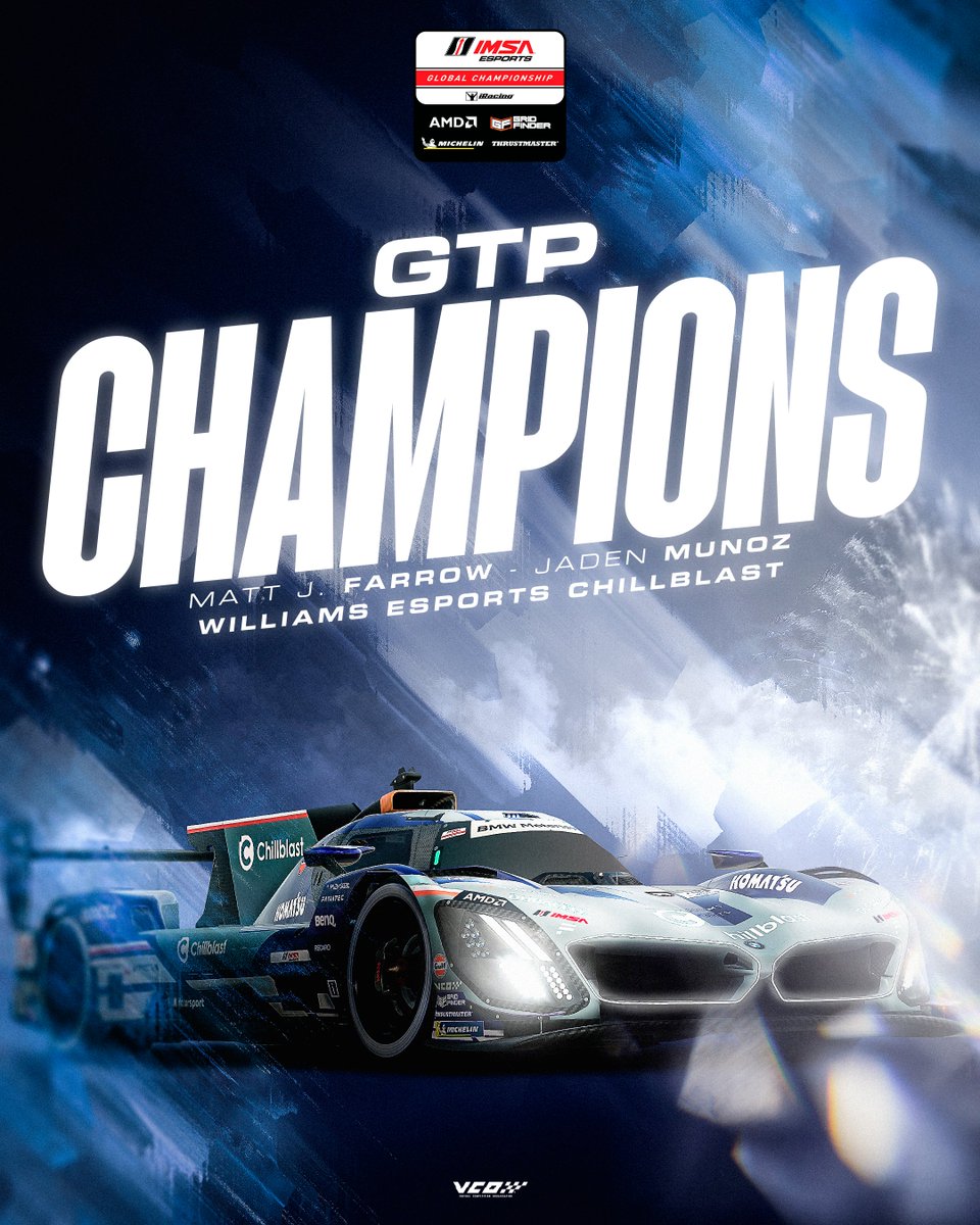 🏆 GTP Champions Crowned! 🏆

Congrats to Williams Esports Chillblast and drivers Matt Farrow &amp; Jaden Munoz for clinching the title! 💪

Consistency and speed brought them to the top—what a season! 🙌

#vcoesports #IMSA #iRacing <a href="/IMSA/">IMSA</a> <a href="/iRacing/">iRacing</a> <a href="/MichelinUSA/">Michelin USA</a> <a href="/TMThrustmaster/">Thrustmaster Official</a> <a href="/AMD/">AMD</a>