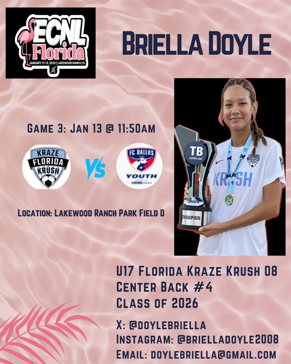 My team is locked in and as a result we are at the top of our group. Come watch us play FC Dallas tomorrow, it is going to be an amazing game!
<a href="/FlKrazeKrush/">Florida Kraze Krush</a> <a href="/ImYouthSoccer/">ECNL/GA/Recruiting/College Soccer</a> <a href="/ECNLgirls/">ECNL Girls</a>
