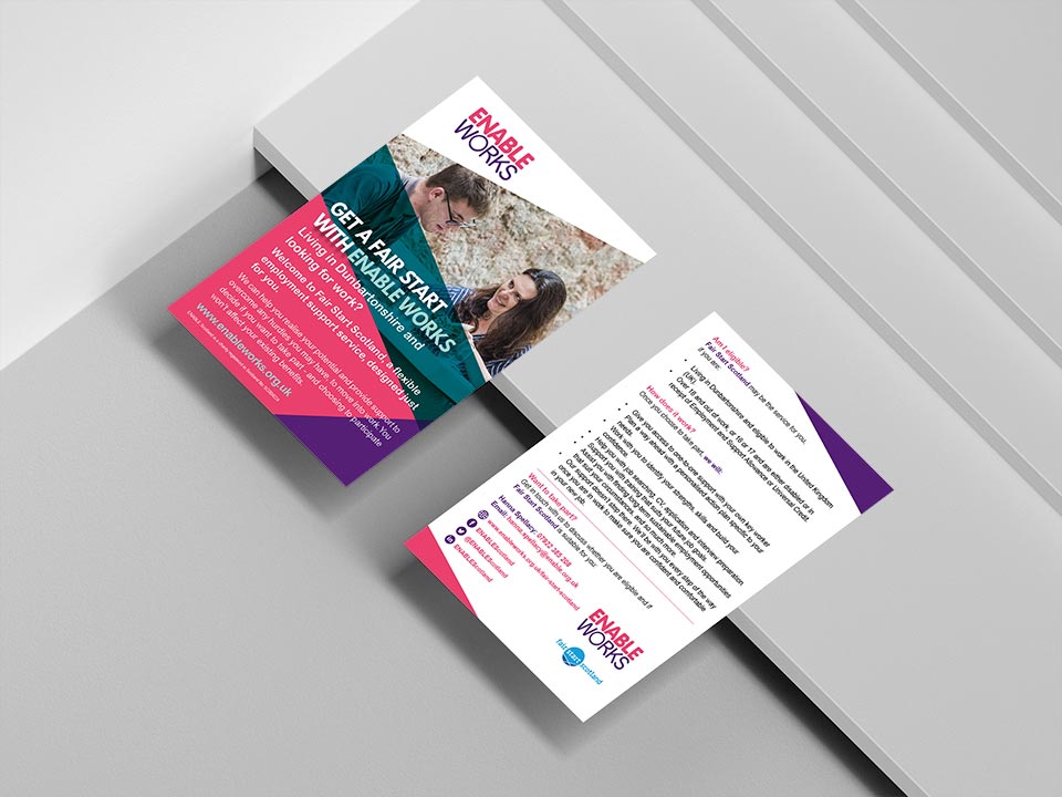 Ak39380645Umair's tweet photo. A4 or A5 single-sided leaflet or flyer design for marketing Fair Start Scotland in Dunbartonshire. Project organised by Enable Works.

#graphicdesign #print #marketing #webdesign #leaflets #flyers #posters #fairstartscotland #dunbartonshire #enableworks https://t.co/mLE2tCGrLg