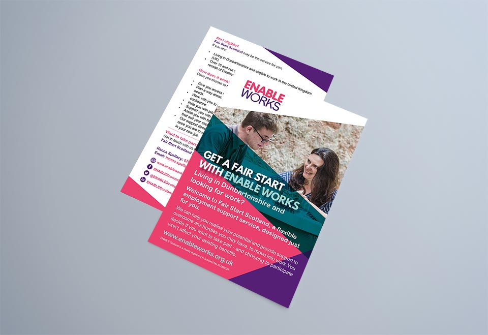Ak39380645Umair's tweet photo. A4 or A5 single-sided leaflet or flyer design for marketing Fair Start Scotland in Dunbartonshire. Project organised by Enable Works.

#graphicdesign #print #marketing #webdesign #leaflets #flyers #posters #fairstartscotland #dunbartonshire #enableworks https://t.co/V7Ynmt0Hjb