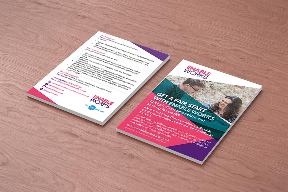Ak39380645Umair's tweet photo. A4 or A5 single-sided leaflet or flyer design for marketing Fair Start Scotland in Dunbartonshire. Project organised by Enable Works.

#graphicdesign #print #marketing #webdesign #leaflets #flyers #posters #fairstartscotland #dunbartonshire #enableworks https://t.co/V7Ynmt0Hjb