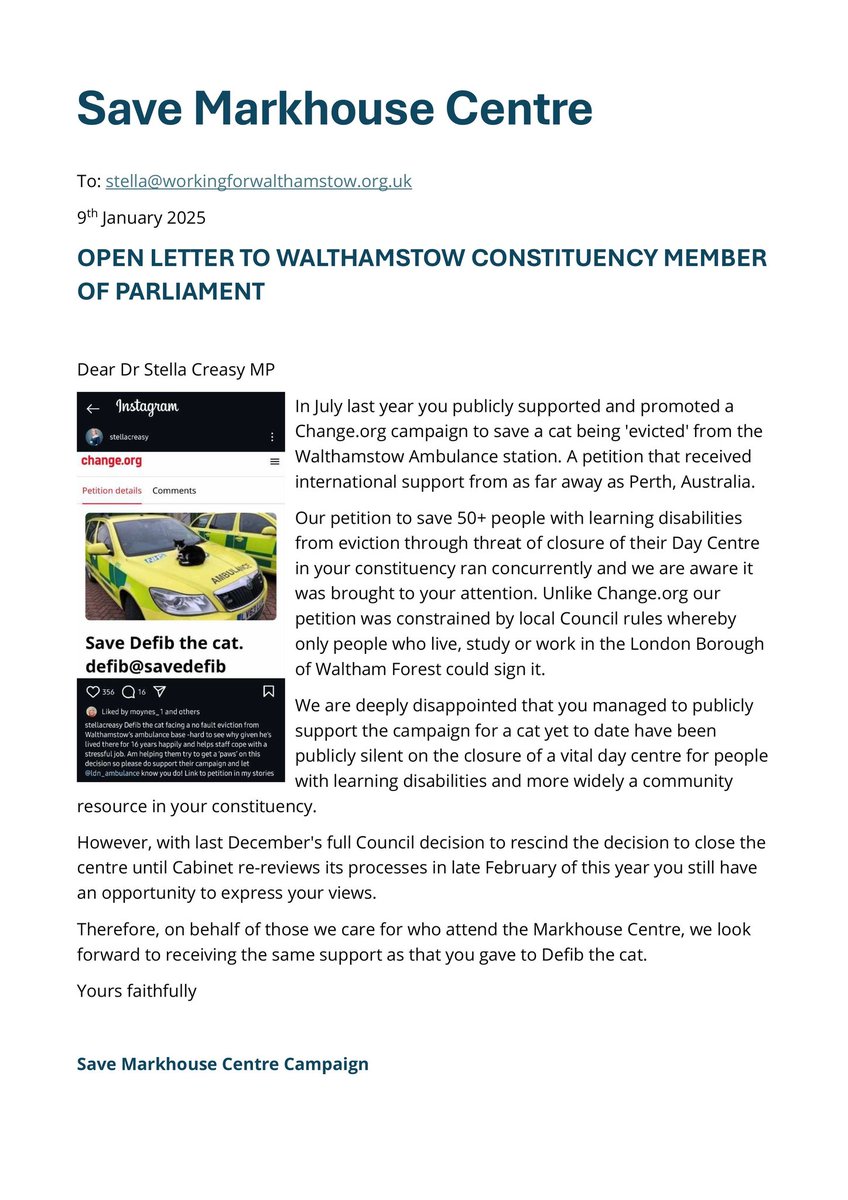 James O'Rourke 🇮🇪 🇺🇦 (@stowjames) on Twitter photo Save Markhouse Centre open letter to <a href="/stellacreasy/">stellacreasy</a>.
<a href="/WFEcho/">Waltham Forest Echo</a> <a href="/ELondonGuardian/">East London Guardian</a> <a href="/LondonNewsYA/">Yellow Advertiser</a> <a href="/LDTonline/">Learning Disability Today</a> <a href="/RcnLDForum/">RCN Learning Disability Nursing Forum</a> <a href="/LearningMet/">Learning Disabilities & Autism at Manchester Met</a> <a href="/LDMFamilies/">Learning Disability Matters for Families</a> <a href="/RightfulLives/">Rightful Lives</a> <a href="/BBCAccessAll/">BBC Access All</a> <a href="/johnpringdns/">Disability News Service</a> <a href="/EndSCDisgrace/">End Social Care Disgrace</a> <a href="/Giselle_ASCWs/">Giselle - Adult Social Care Warriors</a> <a href="/BBCLondonNews/">BBC London</a> <a href="/itvlondon/">ITV London</a> <a href="/InclusionLondon/">Inclusion London</a> <a href="/theLDNstandard/">The Standard</a> Save Markhouse Centre open letter to <a href="/stellacreasy/">stellacreasy</a>.
<a href="/WFEcho/">Waltham Forest Echo</a> <a href="/ELondonGuardian/">East London Guardian</a> <a href="/LondonNewsYA/">Yellow Advertiser</a> <a href="/LDTonline/">Learning Disability Today</a> <a href="/RcnLDForum/">RCN Learning Disability Nursing Forum</a> <a href="/LearningMet/">Learning Disabilities & Autism at Manchester Met</a> <a href="/LDMFamilies/">Learning Disability Matters for Families</a> <a href="/RightfulLives/">Rightful Lives</a> <a href="/BBCAccessAll/">BBC Access All</a> <a href="/johnpringdns/">Disability News Service</a> <a href="/EndSCDisgrace/">End Social Care Disgrace</a> <a href="/Giselle_ASCWs/">Giselle - Adult Social Care Warriors</a> <a href="/BBCLondonNews/">BBC London</a> <a href="/itvlondon/">ITV London</a> <a href="/InclusionLondon/">Inclusion London</a> <a href="/theLDNstandard/">The Standard</a>