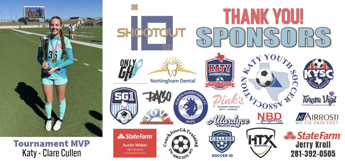 🎉 CONGRATULATIONS 📣

2025 i10 Shootout Tournament MVP Clare Cullen from <a href="/katygirlsoccer/">Katy Girls’ Varsity Soccer</a>