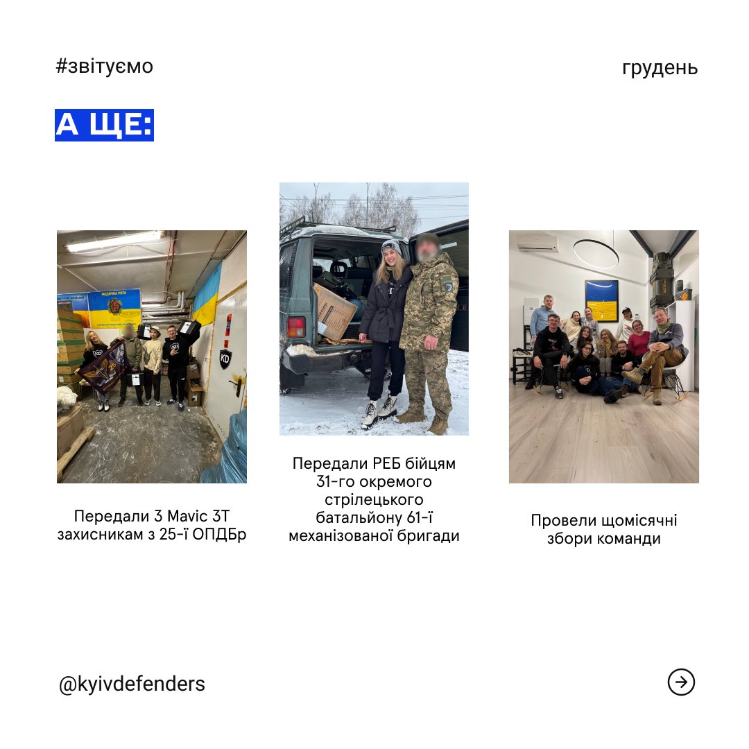 KyivDefenders's tweet photo. 🫡 handed over 3 Mavic 3T drones to our defenders
🫡 handed over the electronic countermeasures system that helps save lives
🫡 had our team gathering to discuss future plans and strategies
#mavic #savelives #KDteam https://t.co/Mf4WS7N97K