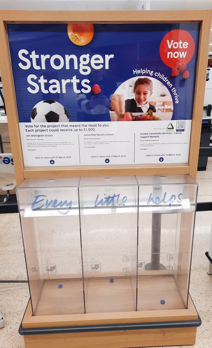 LouiseJedras's tweet image. At Tesco Wokingham, we have 3 new charities on the Stronger Starts stand for the new round starting tomorrow until the end of March:
🔵 Involve Cancer Support Network
🔵 4th Wokingham Scouts
🔵 Gorse Ride Nursery
Pick up a blue token and vote!
@NetworkCancer
@scouts