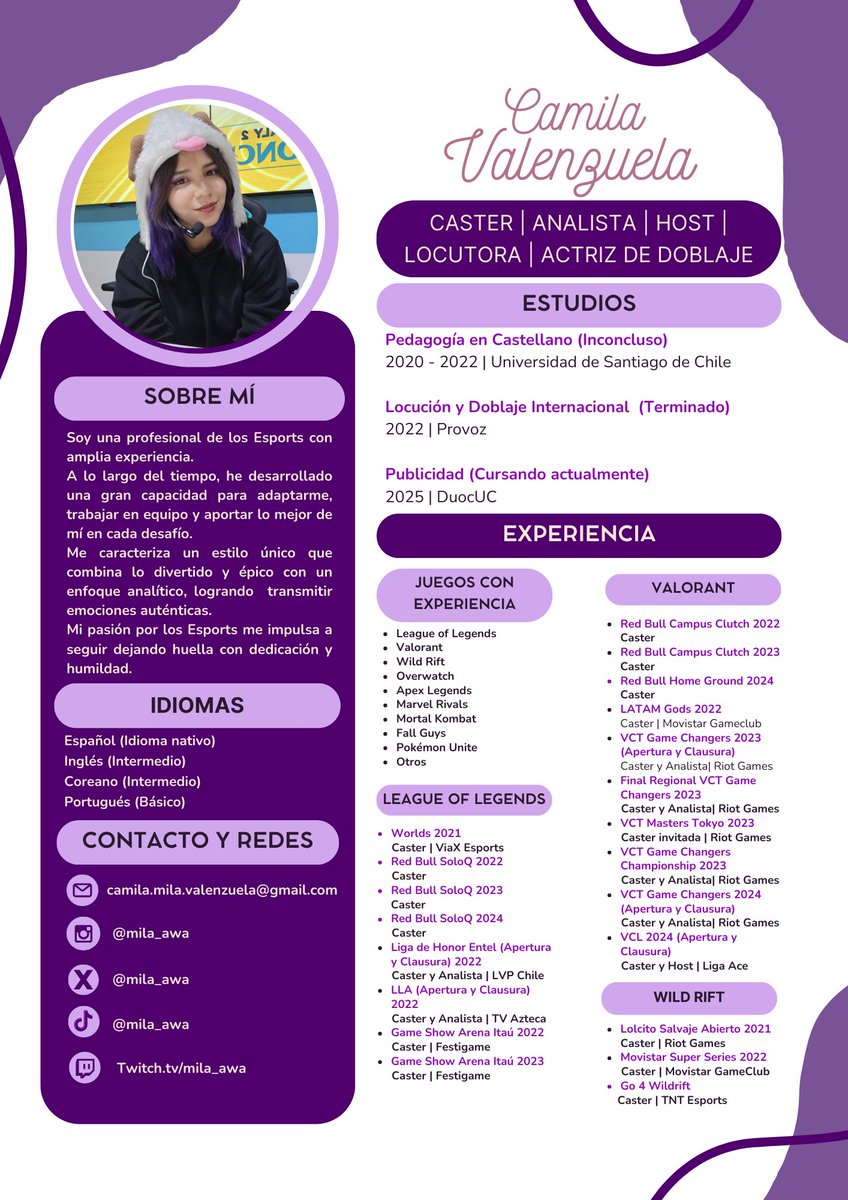 Hola gente! Aún no se que me depara el futuro en términos laborales, así que dejo adjunto mi curriculum resumido por aquí. Cualquier recomendación o RT es bien recibido ♥️
Gracias de antemano y espero seguir entregando emoción este 2025 😁✨️