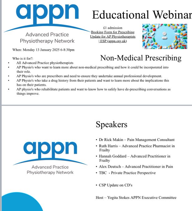 APPN_physio's tweet photo. **LAST CHANCE TO BOOK**
#NMP #AdvancedPractice #Physiotherapists donβt miss this webinar βPrescribing update for APPsβ on Monday 13th January, cost Β£1 π Visit this link to book π·https://t.co/vipDs8ygdl https://t.co/yMDSfGrO9O