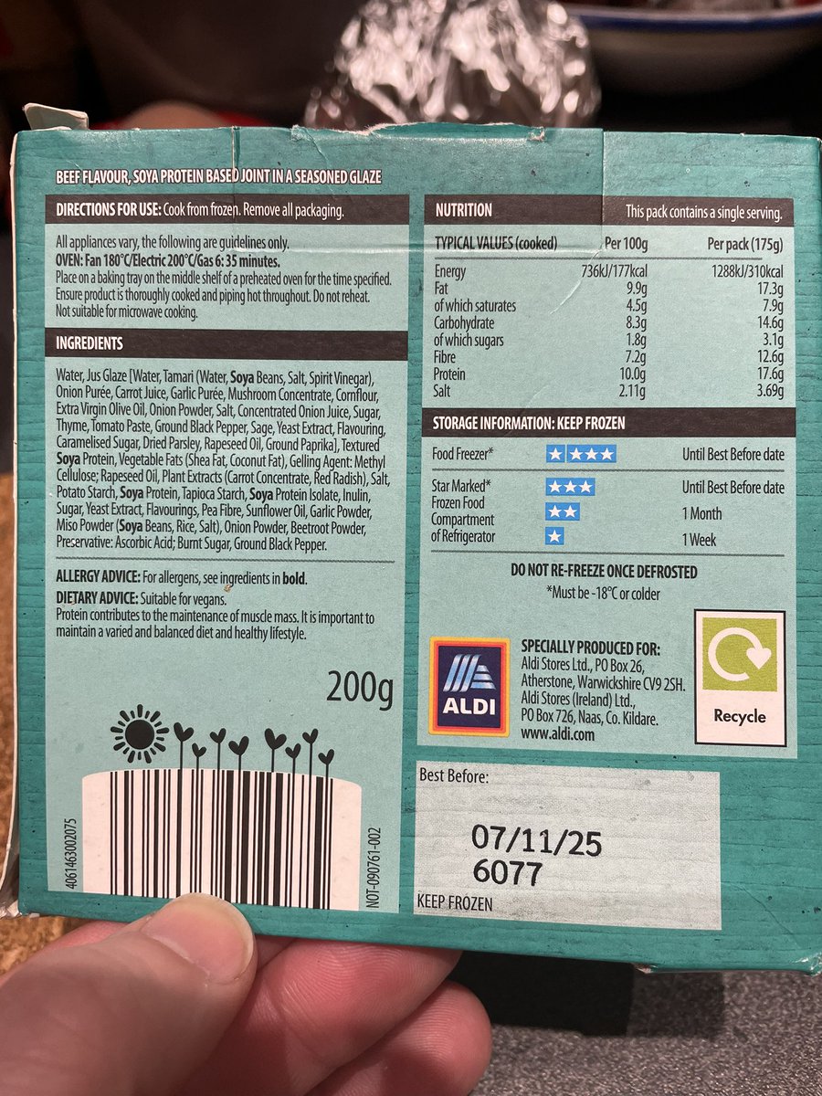 Logic778's tweet photo. Hi @AldiUK great to see an enhanced plant-based range in store. A question about the “No Beef Roasting Joint”… what are we supposed to do with the sachet of faux jus? There’s no mention of it on the instructions! https://t.co/vCZtt0KCxZ