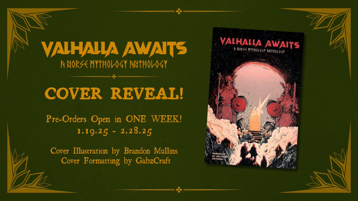 Easterday Editorial (VALHALLA AWAITS Coming Soon!) (@ajeasterday8) on Twitter photo I am so excited to reveal the complete cover for Valhalla Awaits: A Norse Mythology Anthology! It is beautifully illustrated by Brandon Mullins with text formatting by <a href="/gabzcraft/">Gabby💜 (COMMS OPEN)</a> . Pre-Orders for the anthology open in ONE WEEK! I am so excited to reveal the complete cover for Valhalla Awaits: A Norse Mythology Anthology! It is beautifully illustrated by Brandon Mullins with text formatting by <a href="/gabzcraft/">Gabby💜 (COMMS OPEN)</a> . Pre-Orders for the anthology open in ONE WEEK!