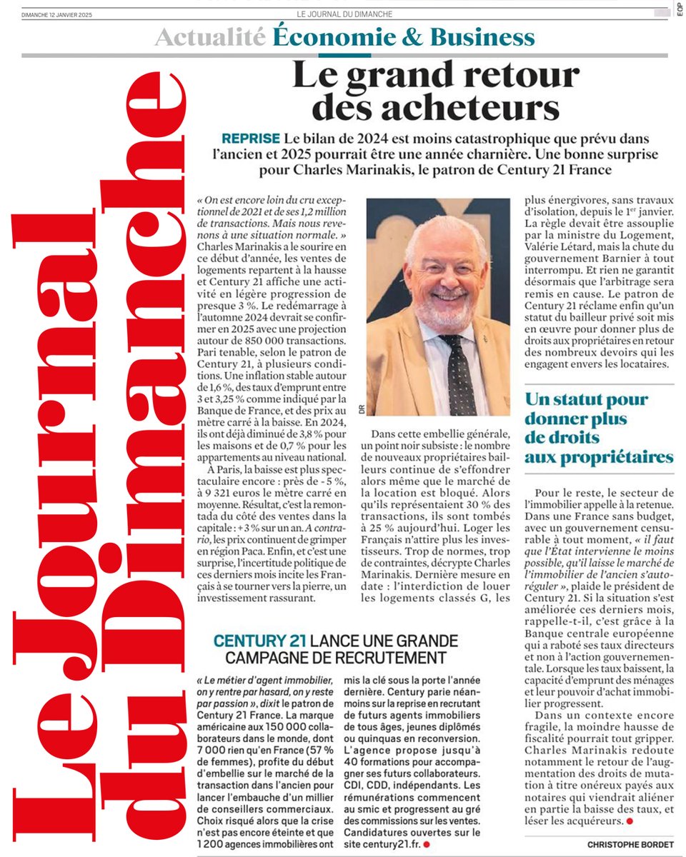 𝗟𝗲 𝗴𝗿𝗮𝗻𝗱 𝗿𝗲𝘁𝗼𝘂𝗿 𝗱𝗲𝘀 𝗮𝗰𝗵𝗲𝘁𝗲𝘂𝗿𝘀 ! 👉 <a href="/CFMARINAKIS/">Charles MARINAKIS</a> - Président de Century 21 France - partage son analyse du marché immobilier de l'ancien dans le JDD ! 
A retrouver en kiosque ce dimanche : lejdd.fr

#immobilier #logement