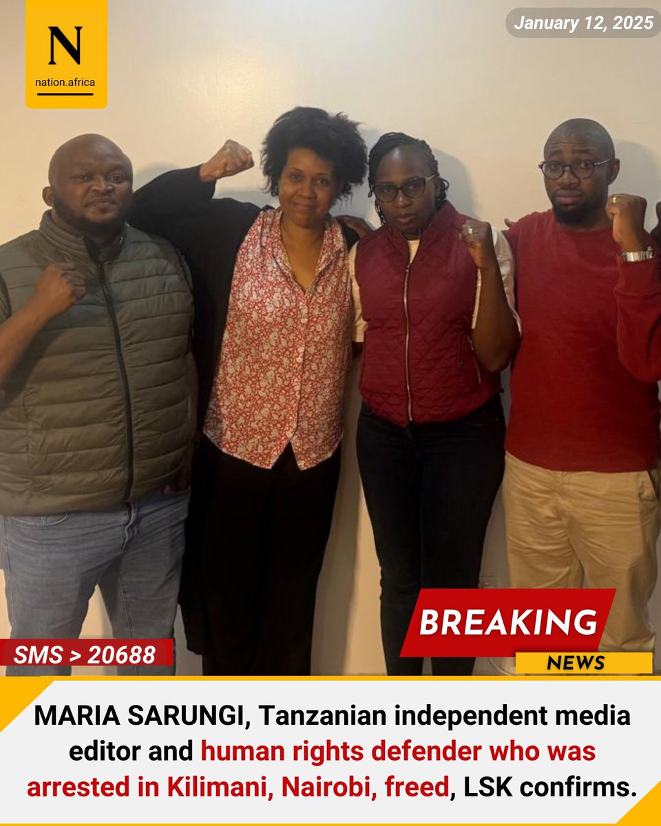 NationAfrica's tweet photo. MARIA SARUNGI, Tanzanian independent media editor and human rights defender who was  arrested in Kilimani, Nairobi, freed, LSK confirms. https://t.co/JNmV8YFh6h
