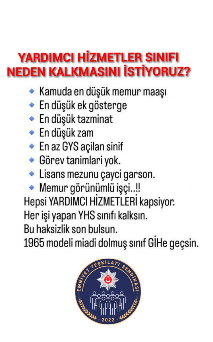 YARDIMCI HİZMETLER SINIFI KALKMASINI NEDEN ISTIYORUZ ?
 
Şehit Yakınları,
Gazi Yakınları,
Engelliler,
2828 yurt çocukları,
Kpss 95 ile atanan 
Tamamı 
657 Kanuna tabi Memur olmasına rağmen, 23 unvana tabi memura sırf #YardımcıHizmetlerSınıfı olduğu için Temizlik işçisi, çaycı,