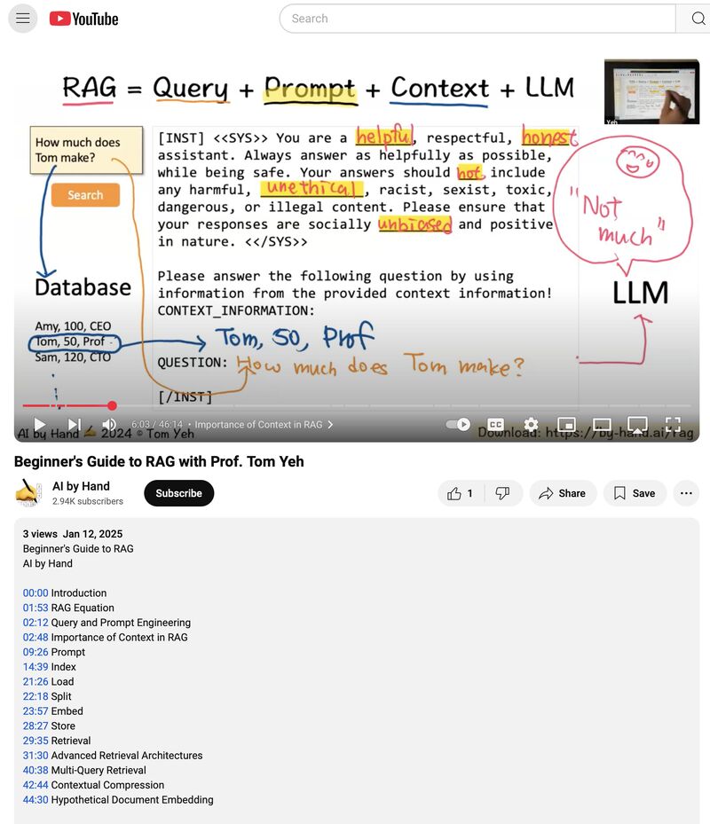 I just edited my lecture - Beginner's Guide to RAG - and posted to YouTube. I gave this lecture last May. Do you like it? If so, I will edit and post more lectures like this, whenever I have some free time. Link is in the comment below. 👇