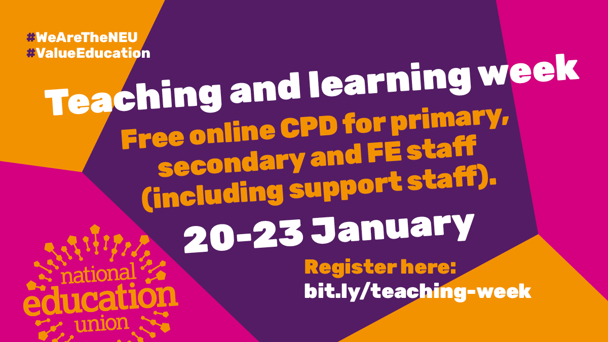 NEUnion's tweet photo. 📢 Teaching and Learning Week – Free Online @NEU_CPD 

📅 20-23 January

✨ What’s on offer?
▶️Leadership masterclass: leading change.
▶️The pedagogy of play.
▶️Support staff: strategies for reading and study skills.

✍️ Register now👉 https://t.co/wJS8jlvmwK
#ValueEducation https://t.co/NV9MUmYUxI