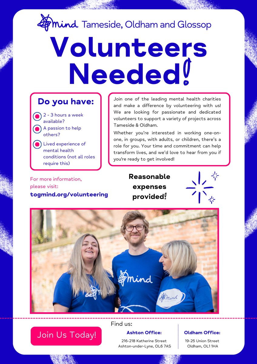 Would you like to give back to your local community? Do you have 2-3 hours spare a week? We have a number of volunteer roles available to get involved with.

Our next recruitment session is on Monday 13th January so to find out more and apply, visit:
togmind.org/volunteering
