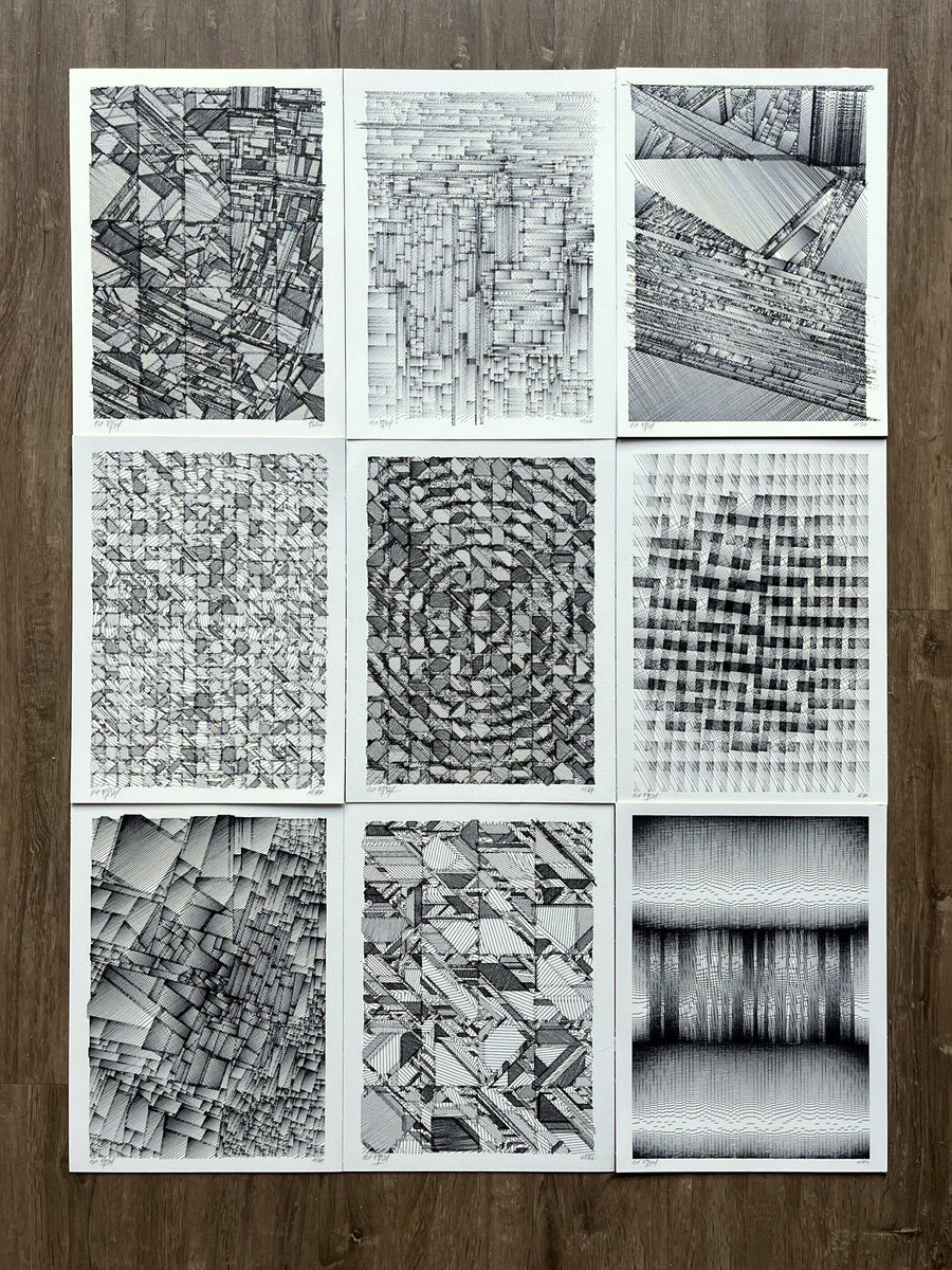 A grid of selected plots from November and December 2024. 

The drawings were created with the same Processing program / algorithm I have been using and refining since 2018, still amazed by the great variety of outputs.