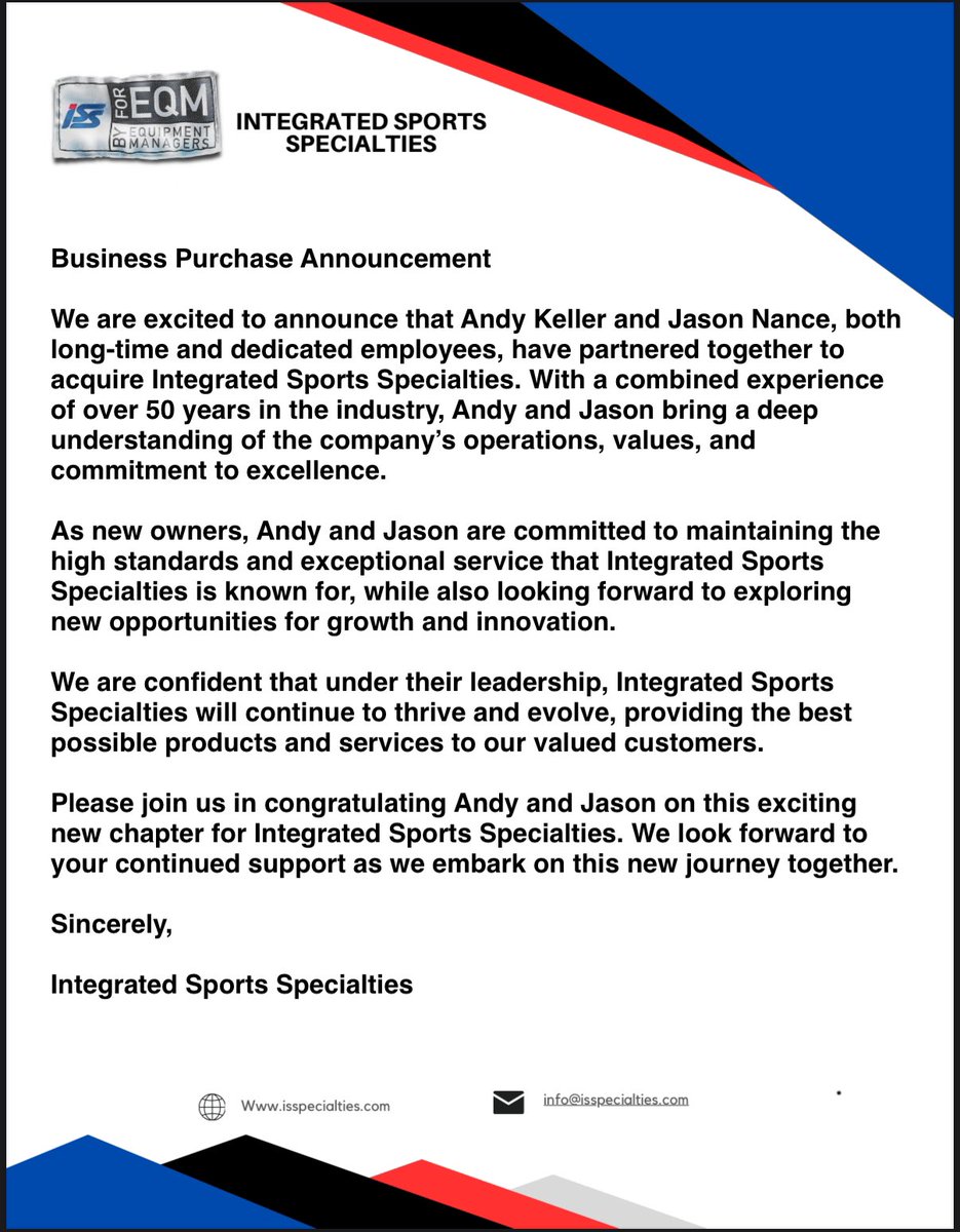 For Equipment Managers, by Equipment Managers….and now OWNED by Equipment Managers!  Andy Keller and Jason Nance have partnered together to purchase Integrated Sports Specialties.