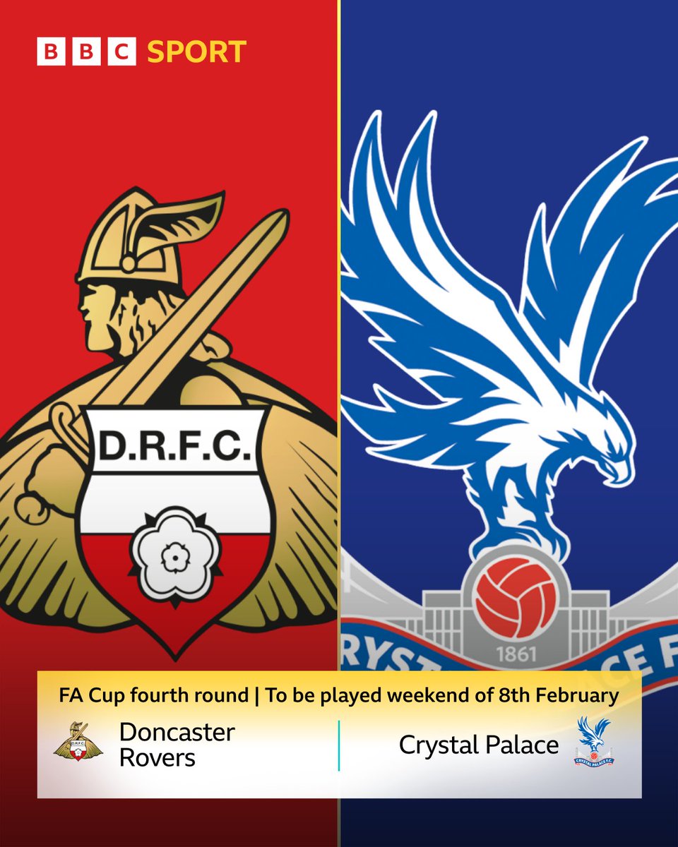 Football Heaven (@footballheaven) on Twitter photo 🏆 League Two Doncaster Rovers have been drawn at home to Premier League outfit Crystal Palace in the fourth round of the FA Cup.
📅 The tie will be played over the weekend of the 8th February.
#DRFC | #FACup | <a href="/BBCSheffield/">BBC Sheffield</a> 🏆 League Two Doncaster Rovers have been drawn at home to Premier League outfit Crystal Palace in the fourth round of the FA Cup.
📅 The tie will be played over the weekend of the 8th February.
#DRFC | #FACup | <a href="/BBCSheffield/">BBC Sheffield</a>