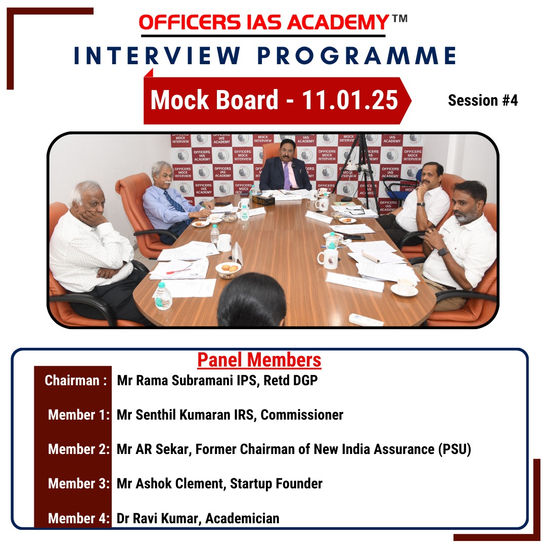 OfficersIAS's tweet photo. Session #4 of the Mock Board Interview Programme at Officers IAS Academy, Delhi

Date: 11.01.2025  

Panel Members:  
- Chairman: Mr. Rama Subramani IPS (Retd. DGP)  
- Mr. Senthil Kumaran IRS, Commissioner  
- Mr. AR Sekar, Former Chairman of New India Assurance (PSU)  
- Mr. Ashok Clement, Startup Founder  
- Dr. Ravi Kumar, Academician  

The Mock Board offers aspirants an exceptional platform to refine their interview skills under the guidance of an esteemed panel of experts.  

#OfficersIASAcademy #MockBoardInterview #UPSCPreparation #IASInterview #DelhiCentre #upsc2025