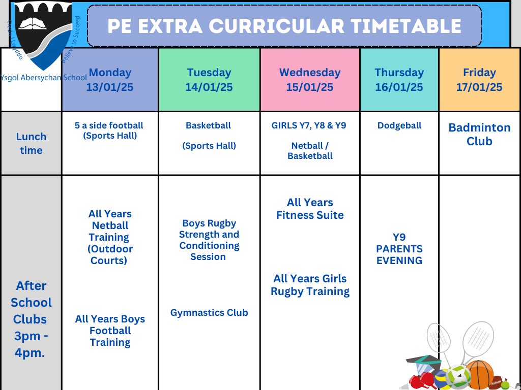 Extra-curricular timetable for this week 🏐🏉⚽️
EDIT: Girls Football is on Tuesday after school ⚽️ #abersport