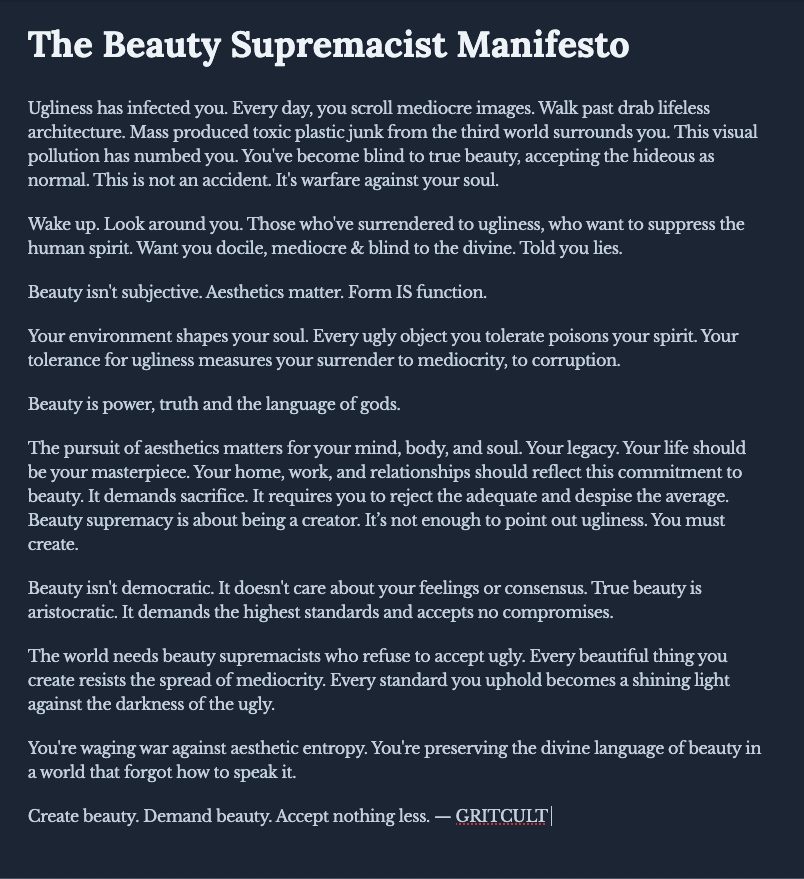 GRITCULT's tweet photo. THERE IS A WAR BEING FOUGHT FOR YOUR SOUL RIGHT NOW 

THE WAR ON BEAUTY 

READ THE BEAUTY SUPREMACIST MANIFESTO NOW. https://t.co/Ms1VlK9j7r