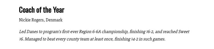 I would like to thank <a href="/ForsythSports/">FCN Sports</a> for naming me All County Coach of the year. I am truly honored. This would not have been possible without my coaching staff and the girls buying into our program.  <a href="/DanesClub/">DenmarkDanesDugoutClub</a> <a href="/DenmarkHS/">Denmark High School</a> <a href="/Denmark_Danes/">Denmark HS Athletics</a>