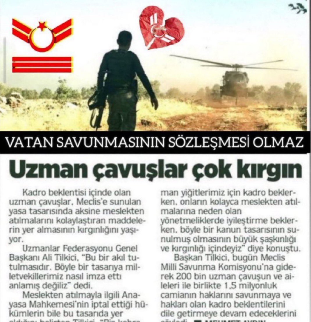 Vatan Savunmasında tam 39 yıldır kahramanca görev yaptı #UzmanÇavuş’lar Silahlı Kuvvetlerin en fazla  şehit gazi veren camiası oldular.
39 yıldır Sözleşmeyle görev yaptırıldı.
Devlete hizmet eden her kesimin sözleşmesi kaldırıldı Kadro verildi.
UzmanÇavuşlara sadece söz verildi