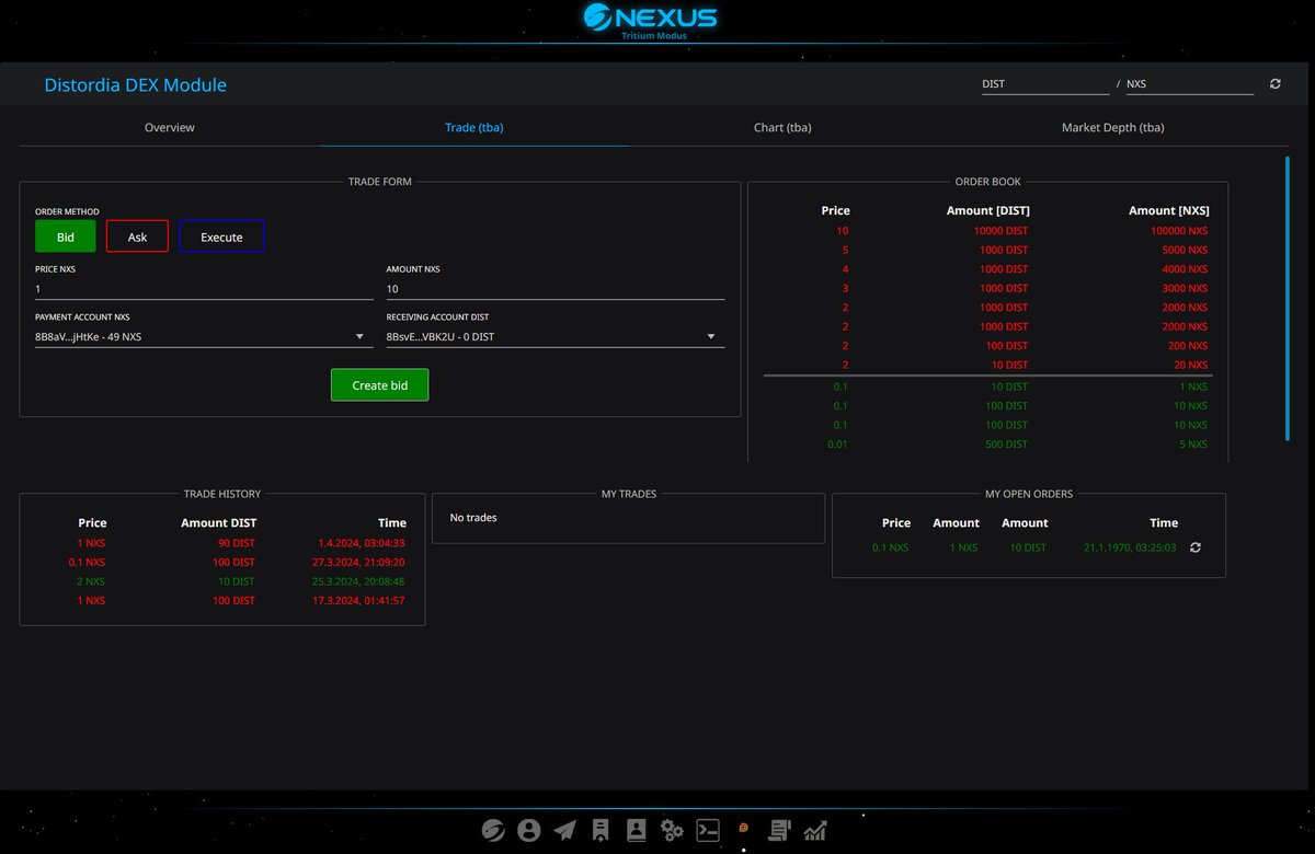 DistordiaLabs's tweet photo. Trading tab in the DEX module is starting to work fine - minor bugs to fix before first release is ready.

After that we will move on to implementing the charting tools and market depth.

Any wishes for functionalities/UX are appreciated.

https://t.co/iG7Ki4VStc https://t.co/zl1ipfkAuQ