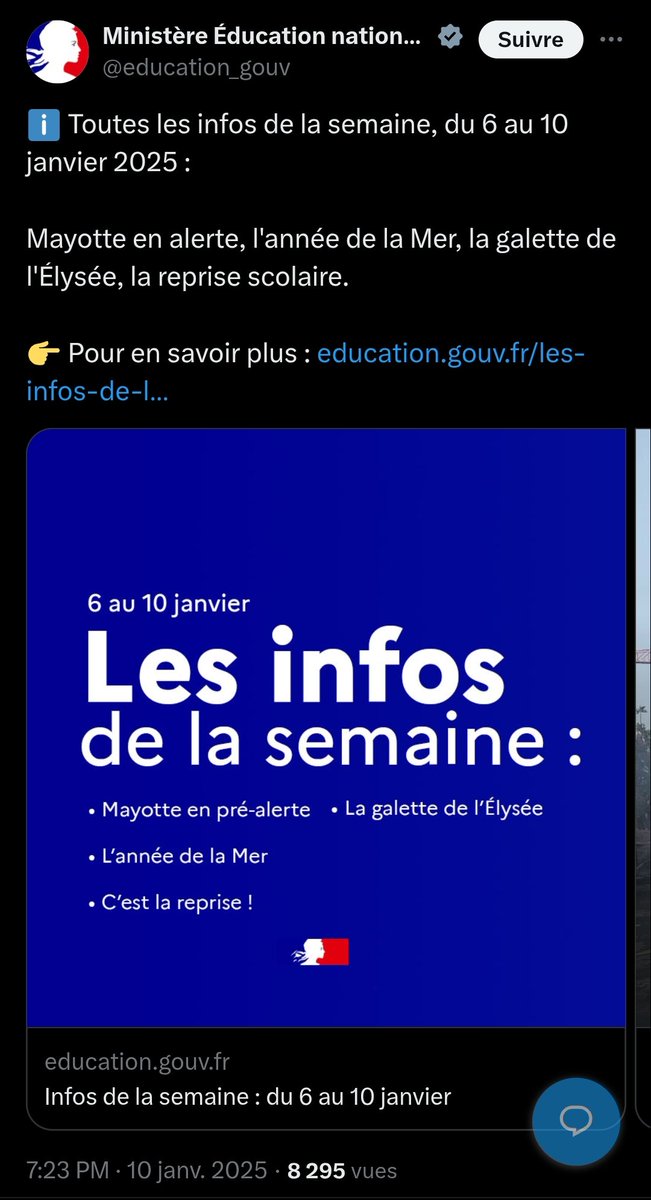 Sur le compte du ministère de l'éducation nationale, la galette de l'Elysée au même niveau que l'alerte cyclonique à #Mayotte.