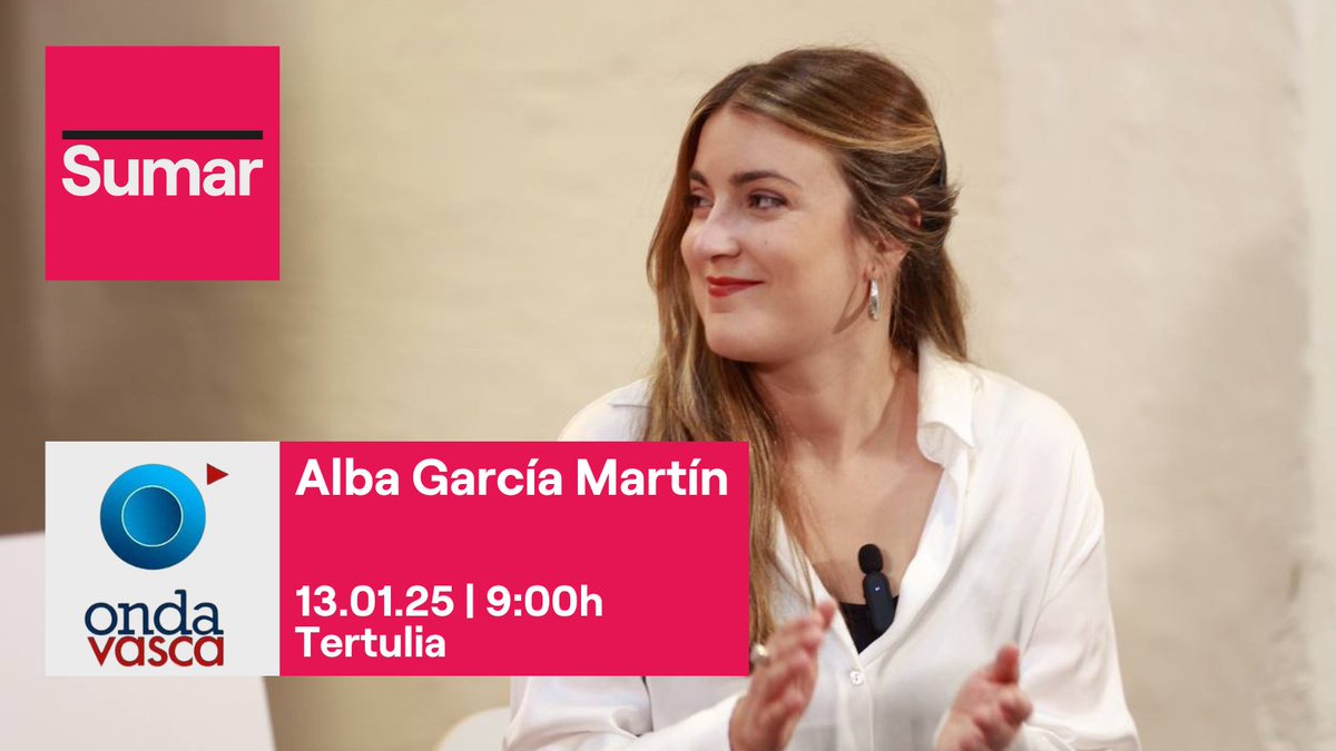 En unos minutos <a href="/alba_garcia_m/">Alba García Martín</a> , secretaria general de Sumar Mugimendua, participa en la tertulia de <a href="/ondavasca/">Onda Vasca</a>. 

📻 Puedes escucharlo aquí: sumar.ink/3xGWUdM