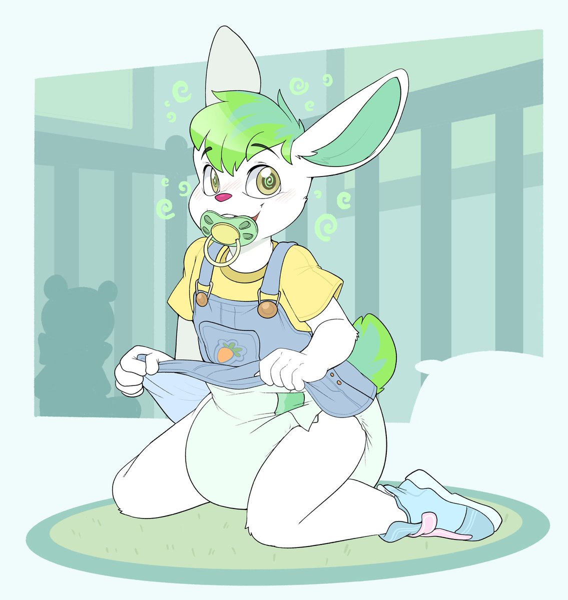 BaileytheBnuoy's tweet photo. You know when you're training to be a diaper model, you gotta learn the basics very quickly; raising your skirt on command was something Bailey wasn't the most thrilled about, but it's okay; the swirlies put his mind at ease~

commission from @BubblePuppers~ https://t.co/wfRXoUDNzx