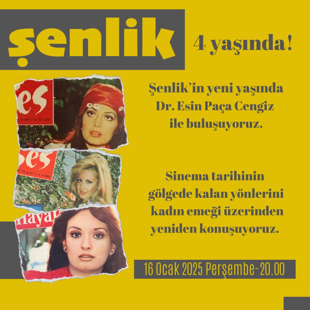 Şenlik 4 yaşında!

Yeni yaşımızda Dr. Esin Paça Cengiz ile buluşuyoruz. 

Sinema tarihini kadın emeğini odağa alarak konuşuyoruz. 

Etkinliğe katılmak isteyen Şenlik dostlarından senlikblog@gmail.com adresine yazmalarını rica ediyoruz. 

#Şenlik4yaşında
