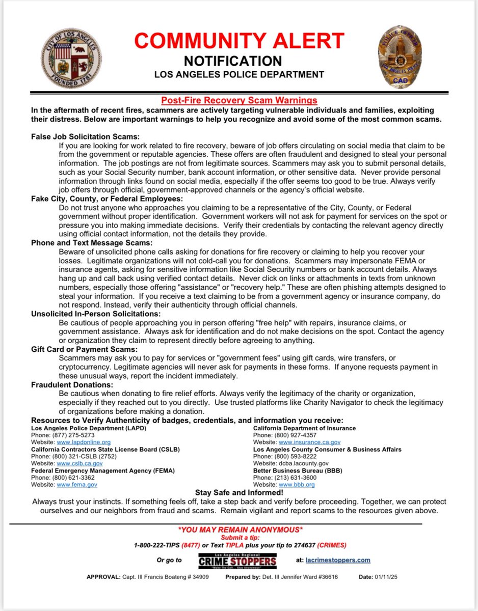 Post-Fire Recovery Scam Warnings

In the aftermath of recent fires, scammers are actively targeting vulnerable individuals and families, exploiting their distress.

Below are important warnings to help you recognize and avoid some of the most common scams.