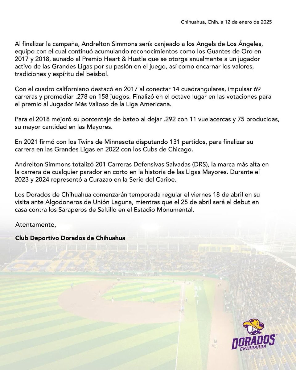 doradoschihLMB's tweet photo. 💣 Afición dorada les tenemos una bomba 💣

Llega al equipo el ex jugador de Grandes Ligas, Andrelton Simmons, mejor conocido como Simba.

El cuatro veces ganador del Guante de Oro jugará por primera ocasión en México tras militar por 11 años en las Grandes Ligas. https://t.co/yankvl3jUM