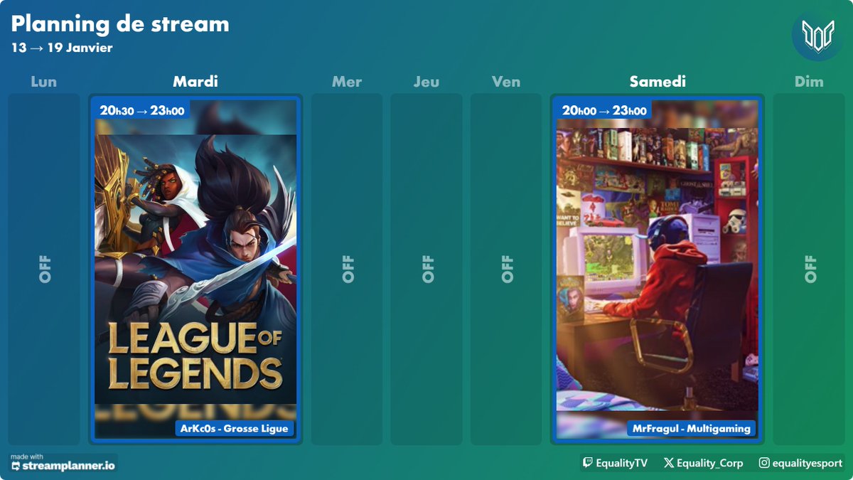 📅Planning TV de la semaine !
(twitch.tv/equalitytv)