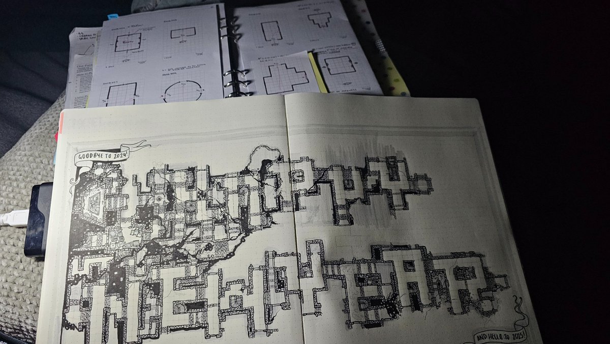 Finally done moving. Now I can get to adding the last two weeks of rooms to the Happy New Year map..

Under the pages of the weekly rooms are my notes including the size, contents, exits, and whatever details I plan to add.

#dungeon25