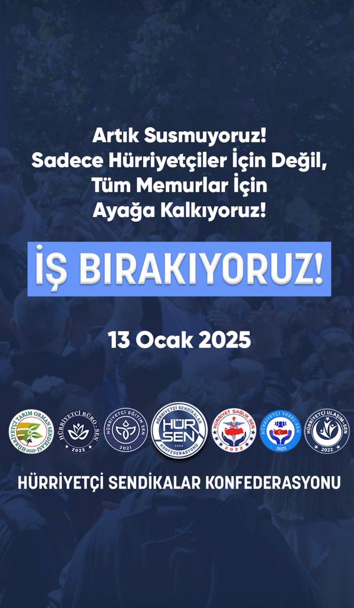 İş bırakma kararını almak için HÜR olmalı.
Memur ve Emeklisi için meydanda haykırırken İNANÇLI olmalı.
Ballı maaşlı koltuklarını kaybetmekten korkanlardan olmamalı,
Emeklisine ve Üyesinin aldığı maaştan habersiz olmamalı.

#13OcakErMeydanı